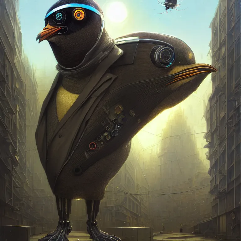 Image similar to A solarpunk very highly detailed Anthropomorphic cybertronic penguin wearing sport suit with very highly detailed face on the street of a very highly detailed solarpunk city digital surrealism art by Greg Rutkowski and Josan Gonzalez, highly detailed, digital concept art, Volumetric natural light, sharp focus, Golden Ratio illustration, realistic concept art by Stephen Hickman and James Gurney and Hiromasa Ogura Ghost in the Shell rendered in VRAY, From the distance