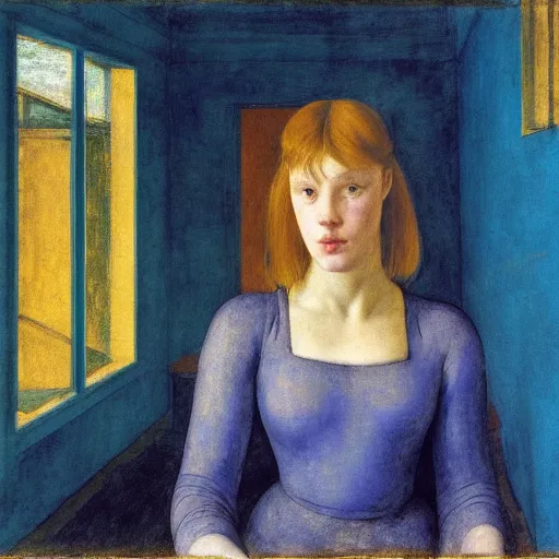 Prompt: close up of a girl in a blue and gold haunted liminal abandoned room, film still by edward hopper, by Pontormo, by klimt, by dante gabriel rossetti, pre-raphaelite. art noveau, highly detailed, strong lights, liminal, eerie, Bright pastel colors