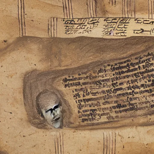 Image similar to fragment of dead sea scrolls with hebrew writing and drawing of a dachshund