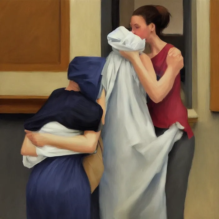 Prompt: two women hugging with a paper bag over the head dressed in plastic bags highly detailed artstation art by edward hopper zdislav beks
