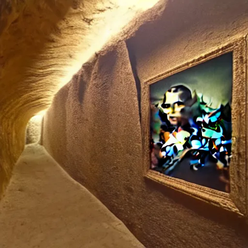 Prompt: photograph of a cave wall, that has the ( ( mona lisa ) ) painted onto it