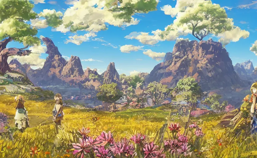 Image similar to fantastic anime sunny meadow with flowers, lone old Oak in the middle plane and mountains on the background, by Hayao Miyazaki, Nausicaa, Ghibli, Breath of the wild, Anime wallpaper