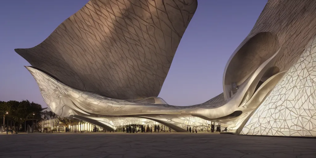 Image similar to extremely detailed ornate stunning sophisticated beautiful elegant futuristic museum exterior by Zaha Hadid, stunning volumetric light, stainless steal, concrete, translucent material, beautiful sunset, tail lights