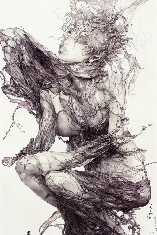 Image similar to Her skin was made of poetry that my fingers couldn't wait to read, pen and ink, intricate line drawings, by Yoshitaka Amano, Ruan Jia, Kentaro Miura, Artgerm, watercolor