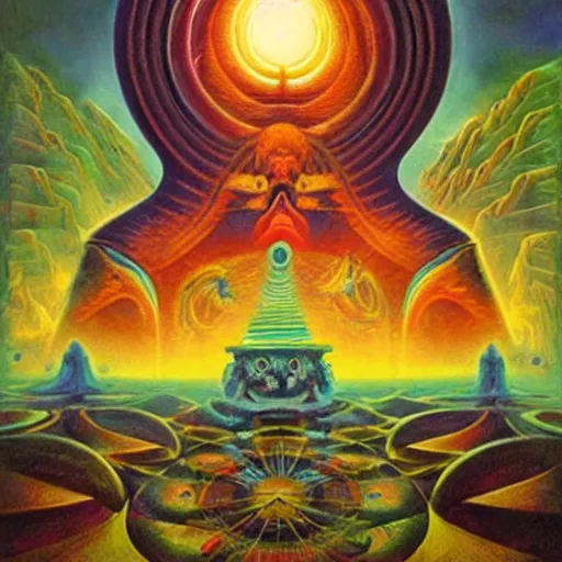 Image similar to hermetic, occult, surreal, hidden knowledge by Paul Lehr, Karl Kopinski and Alex Grey