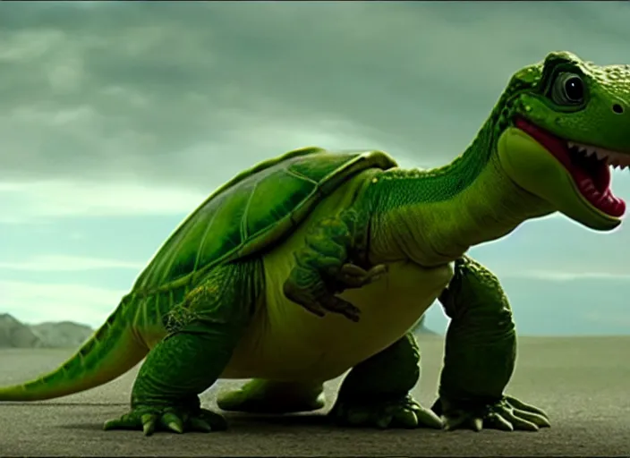 Image similar to film still of yoshi in the new sci - fi movie, cute upright standing upright upright dinosaur standing on its hind legs with a small turtle shell and long tongue, 8 k