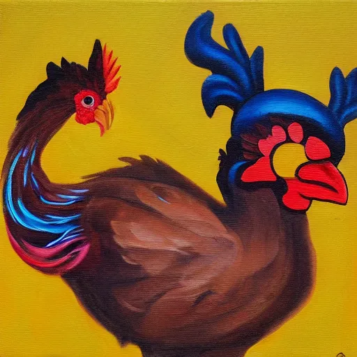 Prompt: the funky chicken accuses you of witchcraft, oil painting