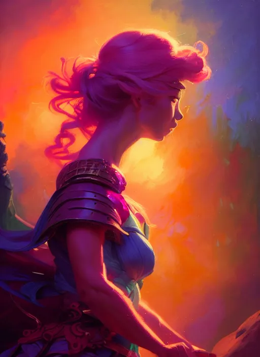 Image similar to side portrait, imogen poots, paladin, gloomhaven, colorful gaudy colors, luminescent, hard edges, bloom, organic painting, by greg manchess, huang guangjian, gil elvgren, greg rutkowski, jesper ejsing, magali villeneuve, artgerm, ilya kuvshinov