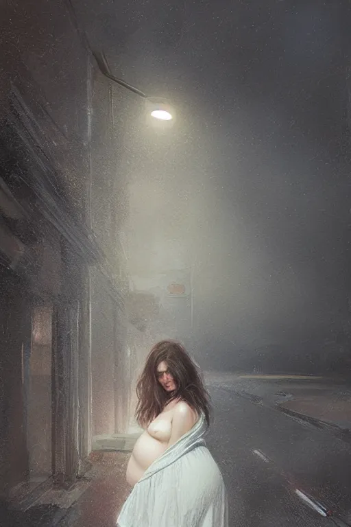 Image similar to pregnant woman under street light, highly detailed, sharp focused, ultra realistic digital concept art by Alyssa Monks, Ruan Jia, Stanley Artgerm