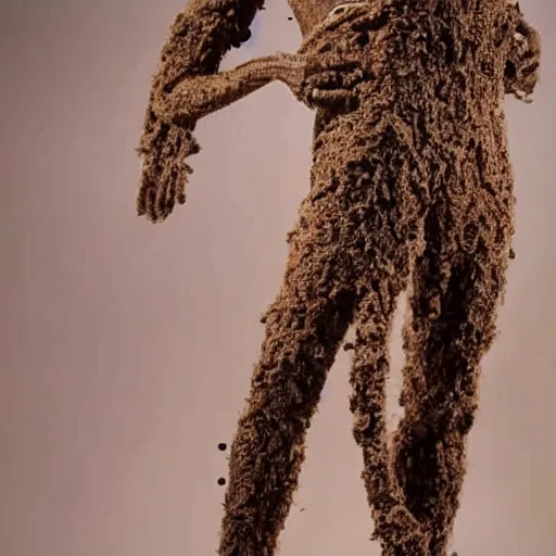 Prompt: a model wearing pants made from worms covered in dirt