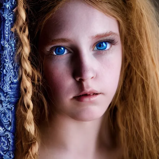 Image similar to A stunningly beautiful high key studio portrait adorable young curvy elven princess with Steve McCurry blue eyes. Pale skin.