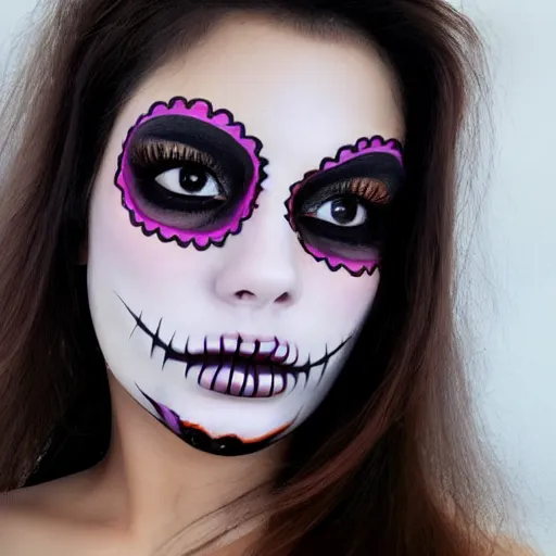 Prompt: an extreme close up photo of a attractive, alluring, beautiful, gorgeous, Mexican female, in her early 20s, wearing sugar skull make up