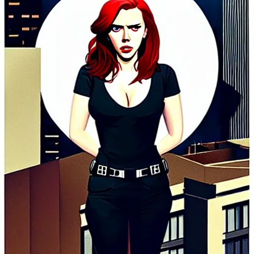 Image similar to phil noto, pretty scarlett johansson black widow, symmetrical eyes, long red hair, full body, city rooftop