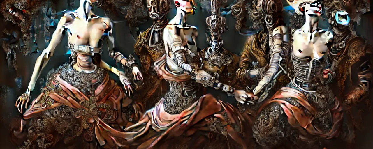 Image similar to minimalist hyperdetailed photorealistic elaborate cyborgs with elegant maximalist baroque cloths. portrayed in a wide beautiful natural landscape. in the style of Caravaggio, with liberty cyberpunk and extremely intricate flemish baroque mixed media elements. beautiful! cinematic accurate hyperrealistic soft pastel tones. matte background HD 8x