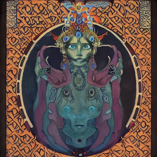 Image similar to the bone crown coronation, by Annie Swynnerton and Nicholas Roerich and (((Diego Rivera))) and (((Edmund Dulac))), bioluminescent skin, floral tattoos, elaborate costume, geometric ornament, symbolist, rich colors, dramatic lighting, smooth, sharp focus, extremely detailed