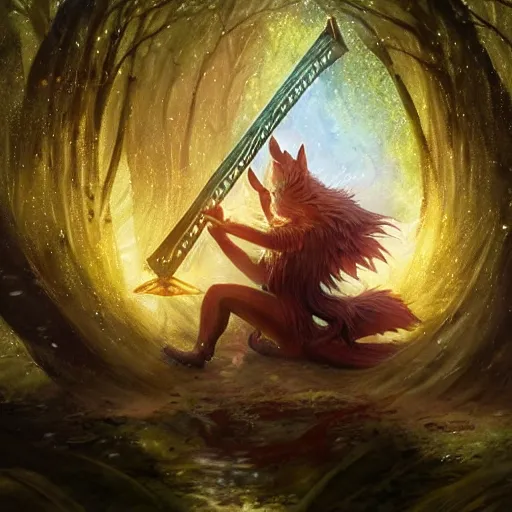 Image similar to Kitsune playing Harp in magical forest, magic the gathering artwork, D&D, fantasy, cinematic lighting, centered, symmetrical, highly detailed, digital painting, artstation, concept art, smooth, sharp focus, illustration, volumetric lighting, epic Composition, 8k, art by Akihiko Yoshida and Greg Rutkowski and Craig Mullins, heroic pose, oil painting, cgsociety