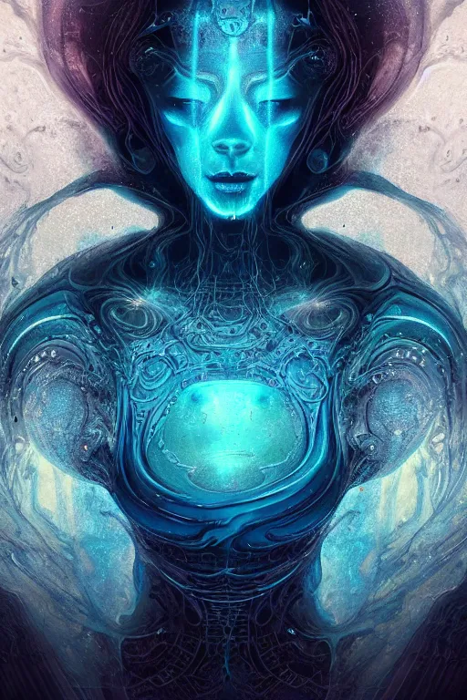 Prompt: a render of an ancient futuristic ethereal being with digital modifications surrounded by a underwater ink pour and flowing liquid gallium and complex sacred geometry, powerful, cinematic, beautifully lit, perfect face, by john howe, by beeple, by artgerm, by karol bak, by brian froud, 3 d, trending on cgsociety, octane render, 8 k