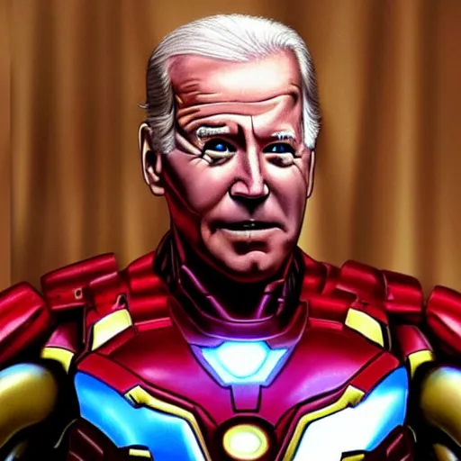 Prompt: joe biden in iron mans costume, amazing likeness. very detailed. hd. 4 k. intricate detail