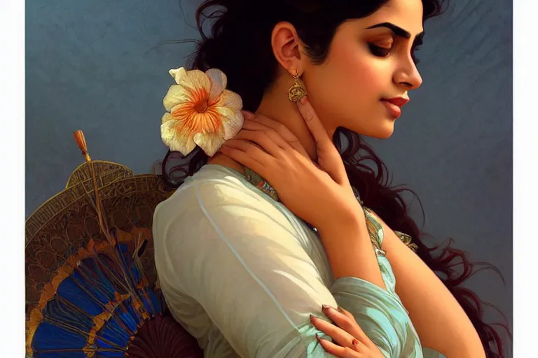 Image similar to sensual pale beautiful indian doctor in jeans, art deco portrait, elegant, intricate, digital painting, artstation, concept art, smooth, sharp focus, illustration, art by artgerm and greg rutkowski and alphonse mucha