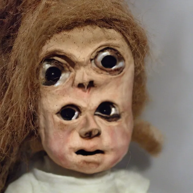 Image similar to horrifying doll, close-up of scary face big eyes, lost film