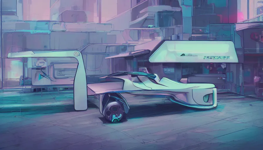 Prompt: pastel color pallete futuristic kiosk floating car with jet engine next to it Future drive through window Highly Illustrated artstation by space goose Cyberpunk buildings in background