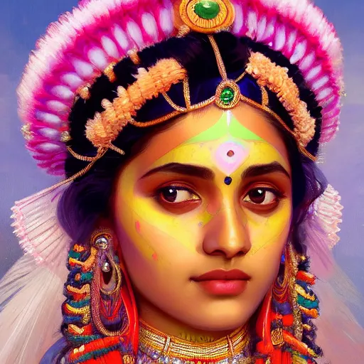 Prompt: close up portrait shot of a beautiful indian princess wearing flowing colourful clothes, highly detailed face, detailed eyes, alphonse mucha, rhads, ross tran, artstation, artgerm, octane render, 1 6 k
