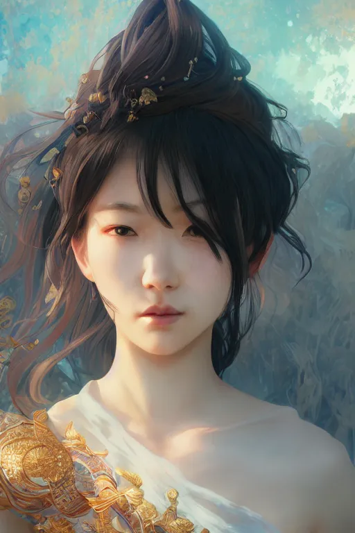 Prompt: portrait online game genshin character ayaka, in ruined fantasy world Sunrise, ssci-fi, fantasy, intricate, very beautiful and elegant, highly detailed, digital painting, artstation, concept art, smooth and sharp focus, illustration, art by tian zi and WLOP and alphonse mucha