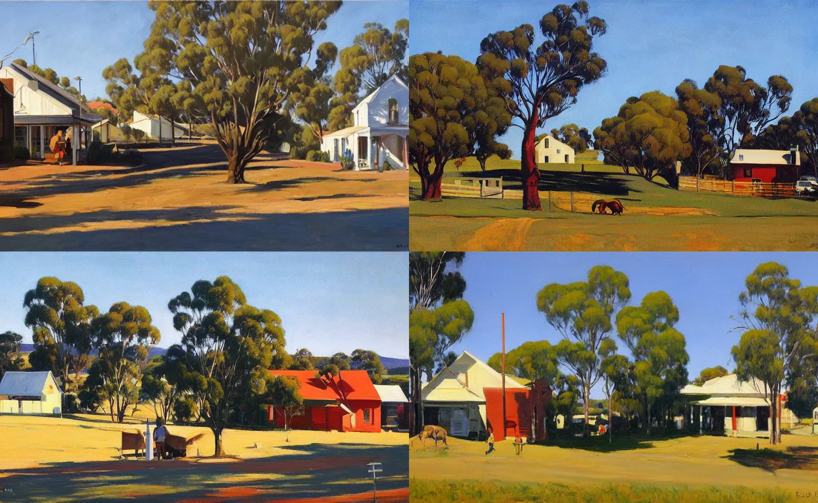 Prompt: a quaint rural Australian town, painting by Ben Aronson and Edward Hopper