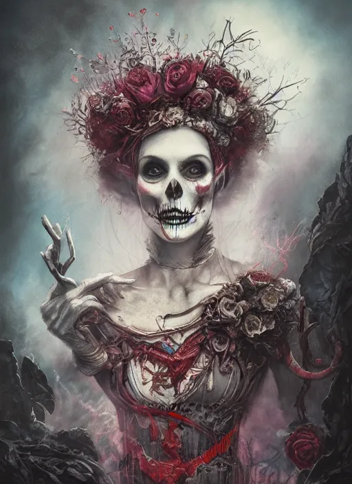 Prompt: Queen of Hearts, Alice in Wonderland, Death Tarot card,highly detailed,half skull face,cinematic,8k,by Stanley Artgermm,Tom Bagshaw,Greg Rutkowski,Carne Griffiths, Ayami Kojima, Beksinski, Giger,trending on DeviantArt,hyper detailed,horror, full of colour