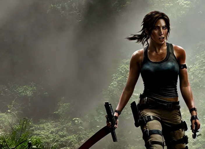 Image similar to film still of!!!! chloe bennett!!! as lara croft in new tomb raider movie, 8 k