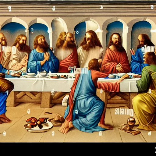 Prompt: jesus is the disk jockey at the last supper