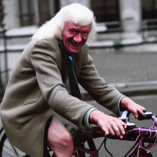 Image similar to jimmy savile riding bike, detailed, photorealistic, 8 k, wide shot,