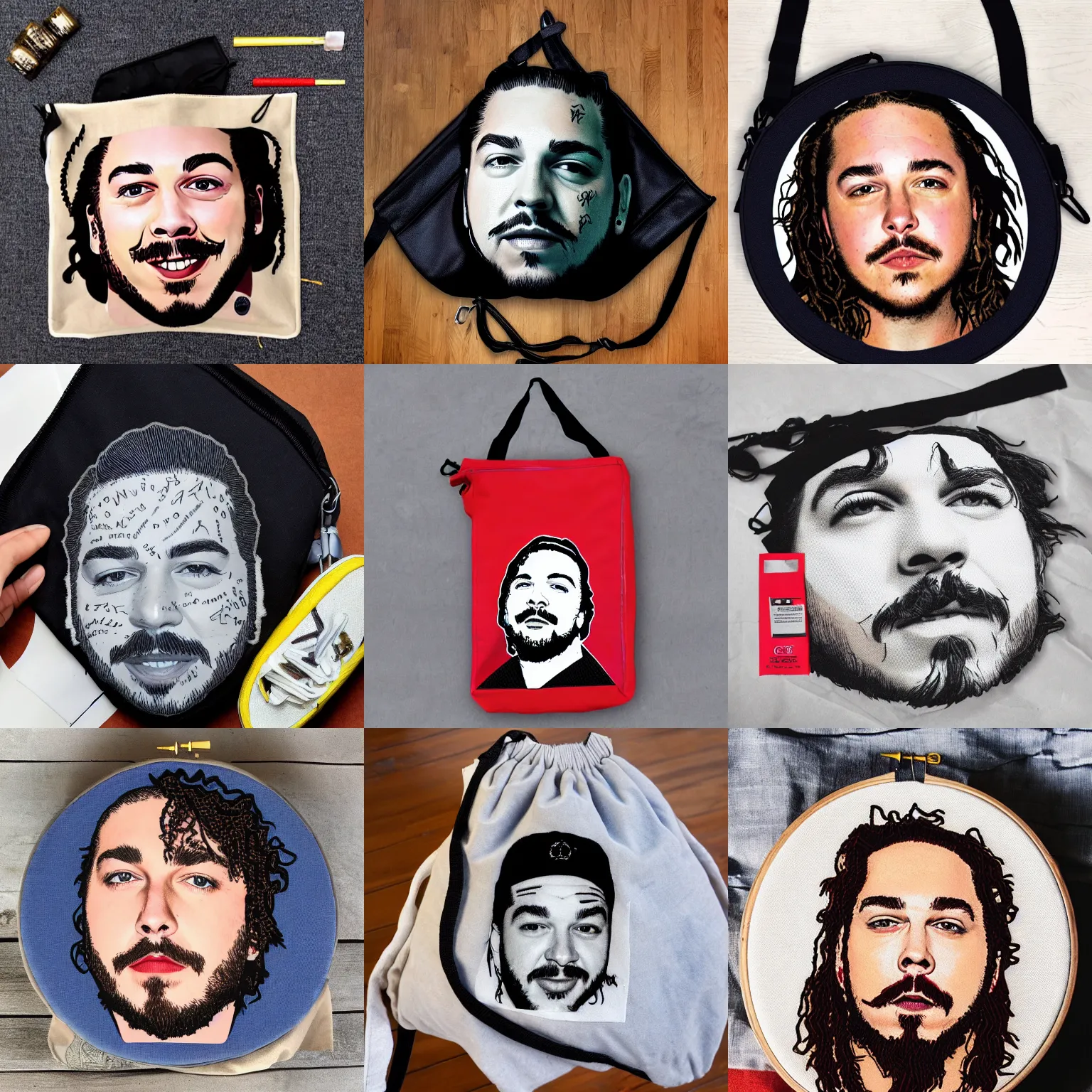 Prompt: post malone's face embroidered on a mail bag