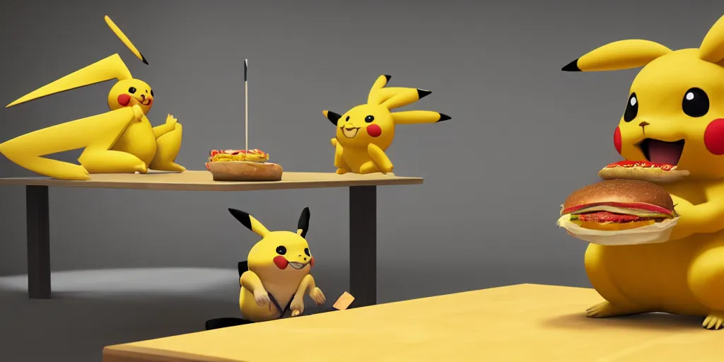 Prompt: a realistic Pikachu alone next to a table eating a delicious hamburger, digital art, wide shot, highly detailed, hyperrealistic, photorealistic, unreal engine 5, made by a professional 3d artist, dynamic lighting, trending on artstation, 4k uhd, epic composition