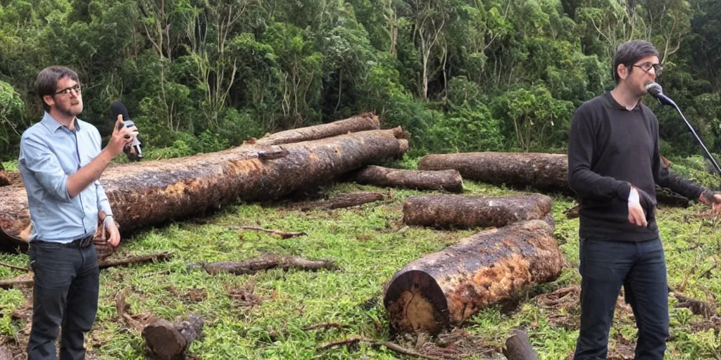 Prompt: bbc tv presenter louis theroux holding a microphone talking to kauri loggers at great barrier island, new zealand. enormous giant logs in background 1 9 2 0's