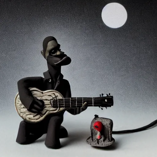 Image similar to a old black man playing guitar, surrealistic detailed claymation art, little candles, foggy