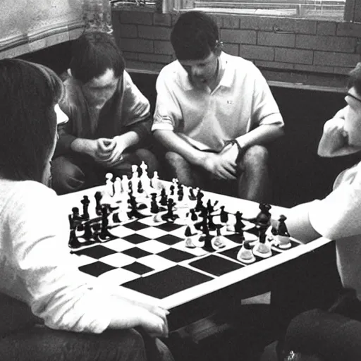 Image similar to “ a group of matty healys sit around a game of chess ”