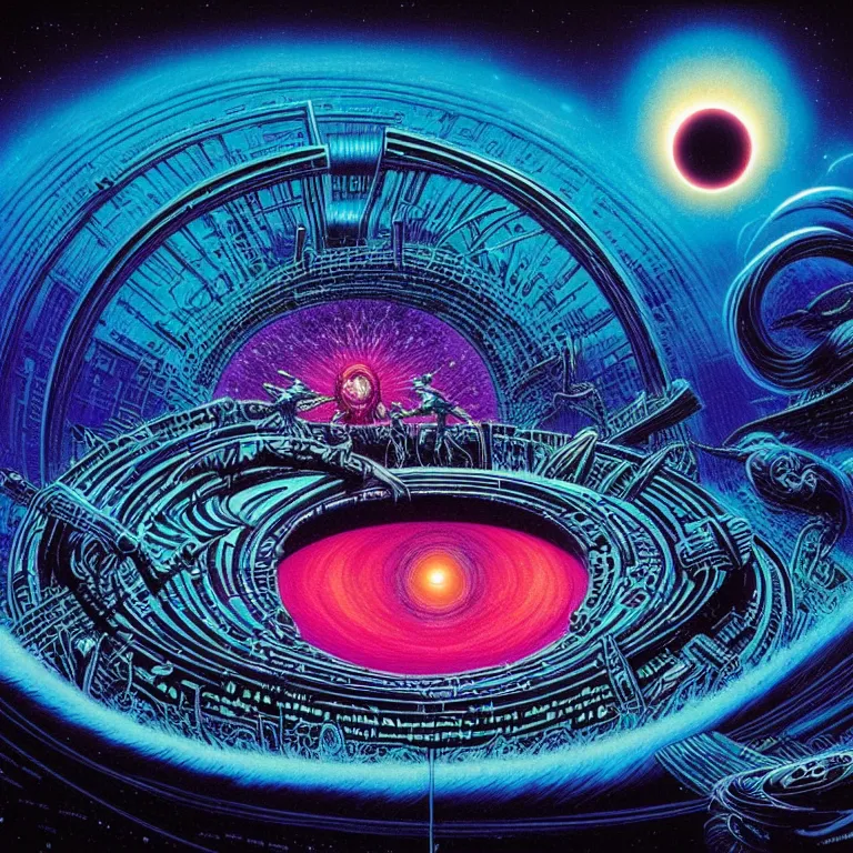 Prompt: mysterious infinite interstellar black hole, quantum waves, synthwave, bright neon colors, highly detailed, cinematic, tim white, philippe druillet, roger dean, ernst haeckel, lisa frank, michael whelan, kubrick, kimura, isono