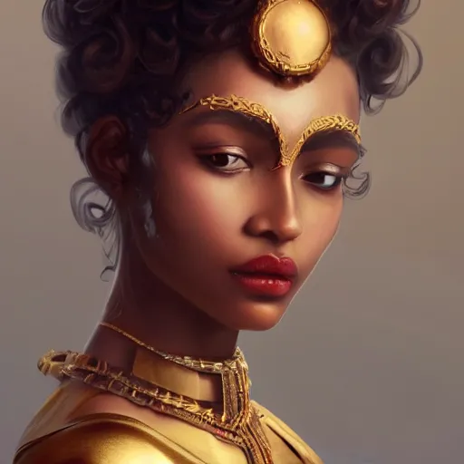 Prompt: character design, portrait of a attractive brown skinned woman with long black soft curly hair and blind white eyes, medieval, jewels, gold and red dress, painting by wlop and nixeu, beautiful, semirealism, artstation, octane render, sharpness, 8 k, golden ratio