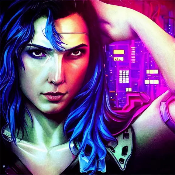 Image similar to “high detail portrait of cyberpunk Gal Gadot with blue hair, digital art, concept art, neon colors, studio lightning, high contrast, sharp focus, hiperrealist, photorealist, Artstation HQ, DeviantArt, cybernetics, techwear, urban samurai, netrunner, Shadowrun, Cyberpunk 2077, Deus Ex, 4k UHD, Unreal Engine 5”
