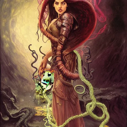 Image similar to half length portrait of ana de armas as a warlock using cthulhu tentacle eldritch magic, d & d, medieval, fantasy, royo, klimt, miro, vallejo, frazetta, alphonse mucha, greg rutkowski, whealan