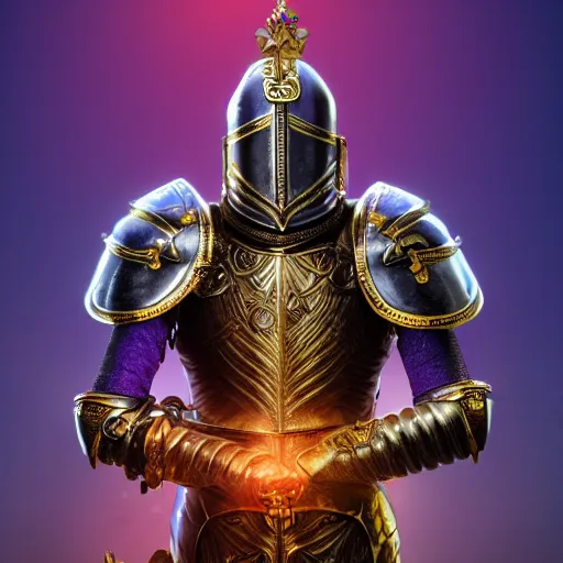 Image similar to a highly detailed knight with glowing purple eyes in a T golden helmet and a golden crown with a blue diamond in the center, golden armor, leather clothes under the armor, leather gloves, holds a black sword, artstation, DeviantArt, professional, octane render, sunset lighting