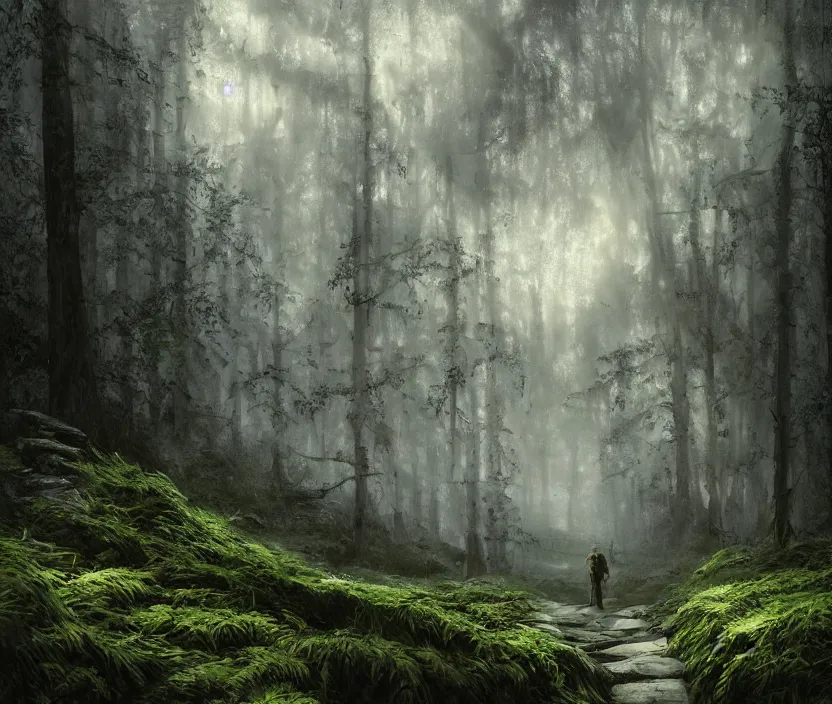 Image similar to most epic landscape, epic cinematic hyperrealism masterpiece. realistic poster with shaded lighting by craig mallismo, artgerm, jeremy lipkin and michael garmash, unreal engine, radiant light, detailed and complex environment, digital art, art station trends, environmental portrait, low angle, 3 5 mm, forest path, misty, vines, fern, moss