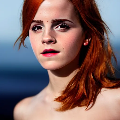 Image similar to redhead emma watson smoking cigar, wearing bikini, close up portrait photo, 8 k,