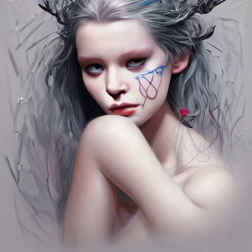 Image similar to A masterpiece portrait of a A model-looking albino girl with large piercings. Greek nose. Goddess of life and love trending on artstation, digital art, by Stanley Artgerm Lau, WLOP, Rossdraws, James Jean, Andrei Riabovitchev, Marc Simonetti, Yoshitaka Amano