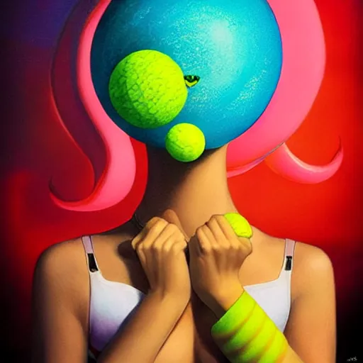 Image similar to Lofi vaporwave portrait beautiful tennis ball monster diva model, dress, bikini, chalk, Pixar style, Tristan Eaton, Stanley Artgerm, Tom Bagshaw, Basil Gogos