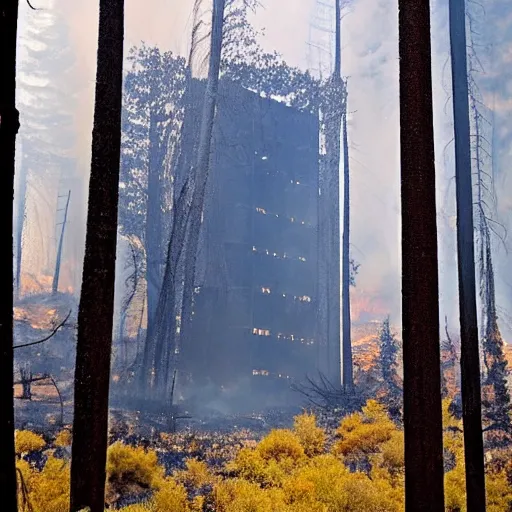 Image similar to a beatiful photo of a building engulfed in a forest fire