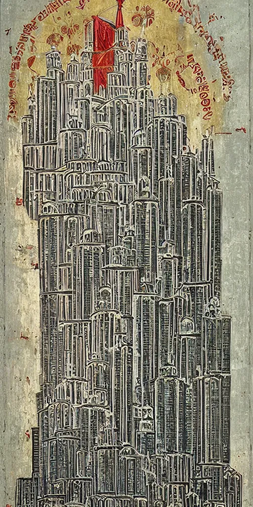 Image similar to orthodox icon about city in gdr brutalism architecture buildings