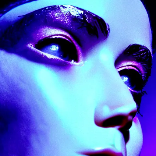 Image similar to jennifer lawrence as the bride of frankenstein, macro photography, glowing retinas, vaporwave