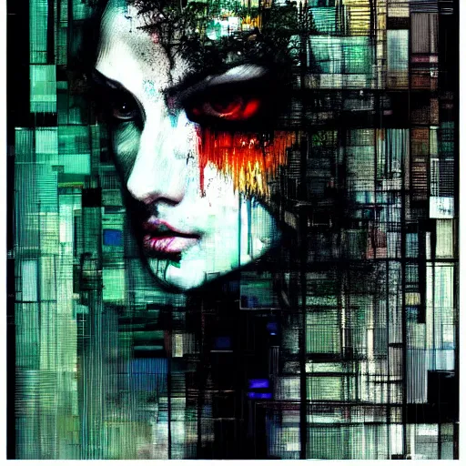 Prompt: portrait of a hooded beautiful women, mysterious, glitch effects over the eyes, shadows, by Guy Denning, by Johannes Itten, by Russ Mills, glitch art, hacking effects, chromatic, cyberpunk, color blocking, oil on canvas, concept art, abstract